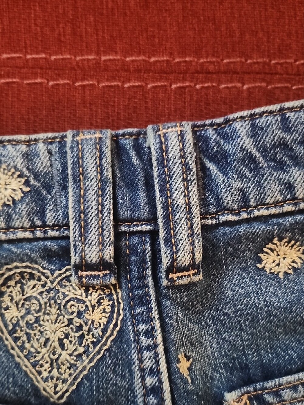 We The Free Blue Denim Shorts with Cream Embroidered Hearts - Picture 5 of 9